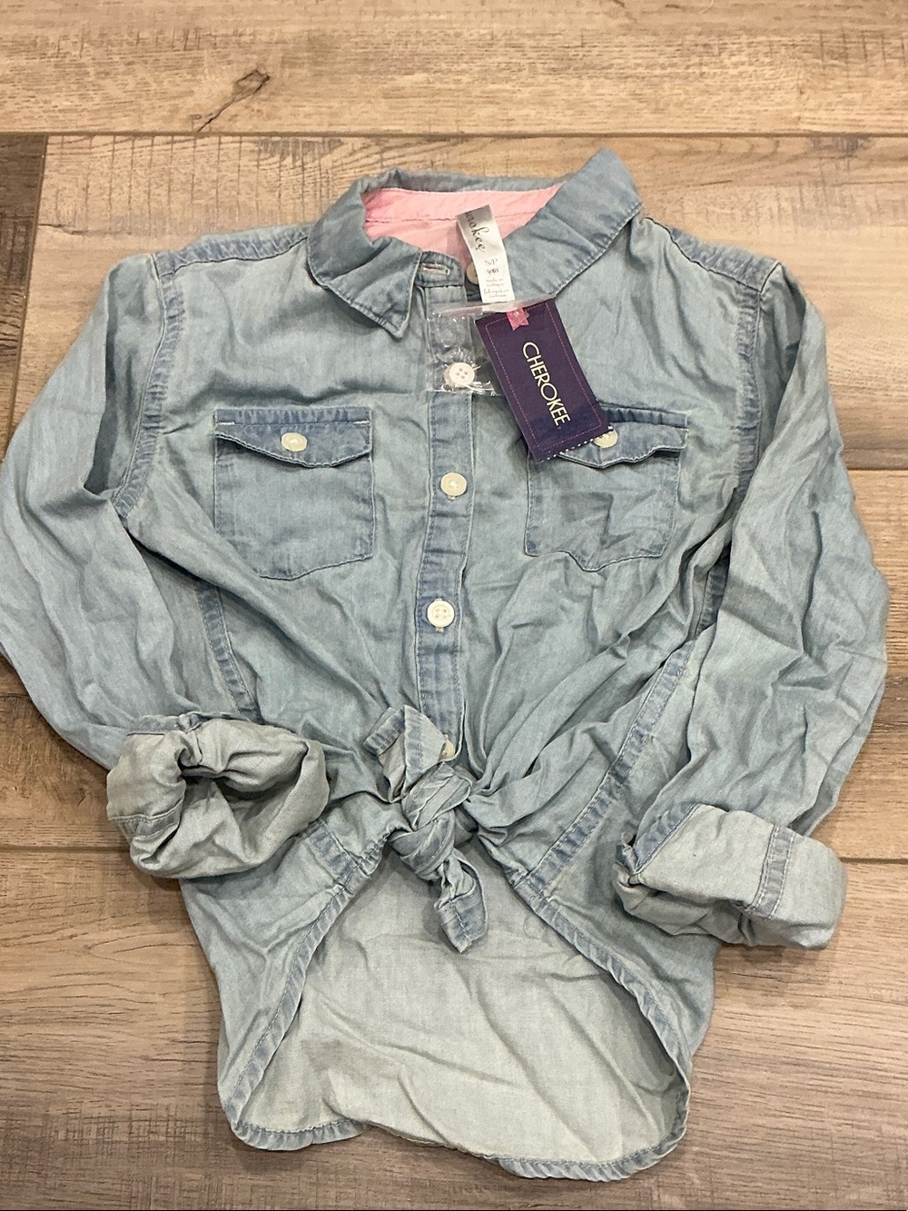 Cherokee Light Blue Denim Tie-Front Shirt with Pink Trim